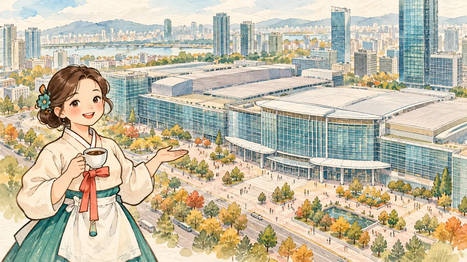 주모가 커피잔을 들고 코엑스 행사장을 소개하는 수채화 개념 안내도